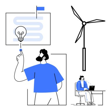 Yenilenebilir enerji kavramı. Yenilenebilir enerji sürdürülebilirlik için bir rüzgar türbini, ampullü yaratıcı fikirler ve yeşil yaşam için bir teknoloji. Sürdürülebilirlik, teknoloji, yenilik, temiz