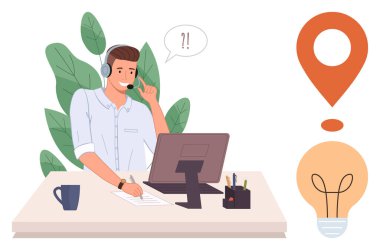 Masada kulaklığı bilgisayarla kullanan, notlar alan, bitkiler ve fikirlerle çevrili, konum simgeleri olan bir adam. Müşteri desteği, telekomünikasyon, uzak çalışma, yaratıcılık ve yenilik hizmetleri için ideal