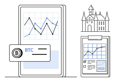 BTC şemasını gösteren akıllı telefon, finansal grafikli pano ve kale çizimi. Kripto para, finans, teknoloji, tarih, gayrimenkul, piyasa araştırması için ideal basit düz metafor