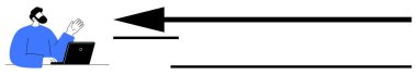 İş iletişimi. Resimlerde, dizüstü bilgisayar kullanan bir profesyonelin yönsel ok iletişimi akışı olduğu görülüyor. İş iletişimi dijital ekip çalışması ve strateji için anahtardır. Uygun.