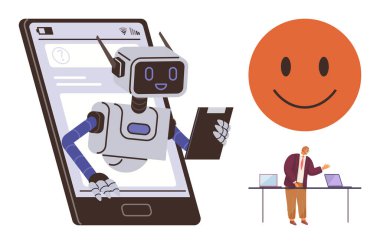 Akıllı telefon tutma cihazından çıkan robot, büyük gülümseyen ikon, sunucu dizüstü bilgisayarların yanında el kol hareketi yapıyor. Yapay zeka, teknoloji, yenilik, sunum, eğitim iletişimi pozitifliği için ideal. Basit.