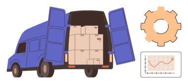 Paketlerle dolu teslimat minibüsü, lojistiği sembolize eden çark ve performans ölçümleri için çizgi grafiği. Tedarik zinciri, nakliye, dağıtım, analitik, verimlilik, ulaşım için ideal
