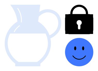 Güvenlik kavramı. Asma kilit ve gülümseme sembolleri de dahil minimalist tasarım unsurları güvenliği sağlar. Cam sürahi tazelik ve saflık. Güvenlik, sağlık uygulamaları, markalaşma ve eğitim görselleri için ideal