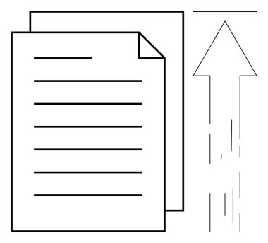 Dosya yüklemeyi, göndermeyi ya da aktarmayı sembolize eden iki yığın belge ve yukarı doğru bir ok. Teknoloji, iletişim, iş akışı, bulut hesaplama, organizasyon, dosya paylaşımı için ideal