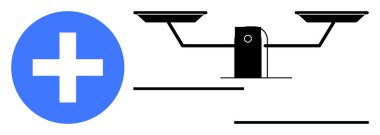 Sağlık, adalet, adalet ve eşitliği temsil eden mavi bir tıbbi haçın yanında klasik denge terazisi. Sağlık, hukuk, etik, karar verme dengesi adalet temaları için idealdir