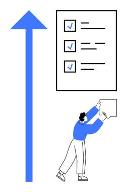 Görev yönetimi konsepti. Resim, kontrol listesi, yukarı ok ve aktif katılımla görev ilerlemesini vurgular. Üretkenlik, organizasyon, iş akışı, hedefler ve proje için görev yönetimi