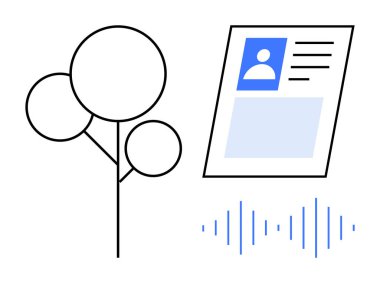 Dijital kimlik konsepti. Dijital kimlik, kişisel verileri ve ses dalgalarını doğa öğeleriyle birleştiriyor. Teknoloji, yenilik, doğa entegrasyonu, güvenlik ve iletişim tasarımı için dijital kimlik