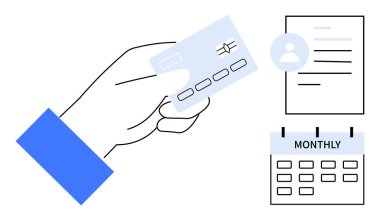 Elinde kredi kartı, profil kağıdının yanında ve takvimde aylık olarak etiketlenmiş. Ödeme, abonelik, finans, bütçe, işlemler, kimlik ve planlama kavramları için ideal. Basit düz metafor