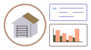 Çember çerçeveli garajı, bar çizelgesi ve belgesi olan bir ev. Gayrimenkul, finans, emlak pazarı, ev yapımı, veri analizi, finansal planlama için ideal basit düz metafor