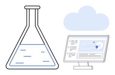 Üzerinde bulut simgesi olan veri grafiklerini gösteren bir bilgisayar monitörünün yanında sıvı bulunan laboratuvar matarası. Bilim, teknoloji, bulut hesaplama, veri analizi, araştırma ve yenilik için ideal