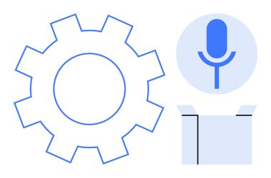 Dişliler süreçleri, mikrofon ses girdisini ya da iletişimi simgeler ve kutu da paketlemeyi ya da fikirleri önerir. Teknoloji, otomasyon, medya, yenilik, iş akışı, yaratıcılık sesi için ideal