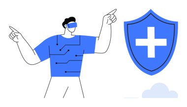 Sanal gerçeklik kullanıcısı iki eliyle işaret ediyor, teknolojiden esinlenilmiş kıyafetler giyiyor, tıbbi haç ile kalkanın yanında. Teknoloji, güvenlik, sağlık, yenilik, veri koruması, gelecekçilik için ideal