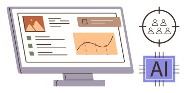 Analiz, grafik ve veri görüşlerini gösteren bilgisayar ekranı. Yakınlarda, yapay zeka çipi ve izleyiciler ikonları hedef alıyor. Yapay zeka, veri analizi, pazarlama, otomasyon teknolojisi yeniliği için ideal