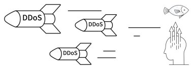 DDoS siber saldırı görselleştirme. DDoS, soyut sembolleri hedef alan roketler olarak saldırıyor. Siber güvenlikteki DDoS etkileri ve kavramsal çerçeveyi vurguluyor. IT güvenliği, ağ güvenliği, dijital