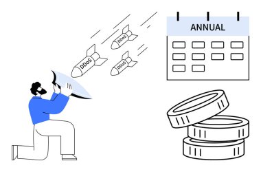 DDOS olarak etiketlenen tehditleri engellemek için kalkan kullanan kişi, yıllık metin takvimi ve birikmiş paralar. Siber güvenlik, tehdit yönetimi, esneklik, bütçe planlaması, bilişim planlaması, dijital