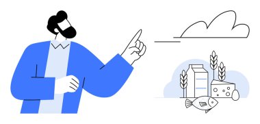 Süt ürünlerine, balıklara, tahıllara, peynirlere ve bulut elementli buğdaylara profesyonel olarak işaret ediyor. Beslenme, gıda seçimi, eğitim sağlık farkındalığı diyet planlama sürdürülebilirliği için idealdir. Basit.