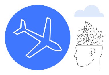 Mavi çember içinde hareket eden uçak, çiçek yetiştiren baş silueti, yaratıcılığı, hayal gücünü, seyahati, büyümeyi, farkındalığı, yeniliği ve sürdürülebilirliği simgeliyor. Basit.