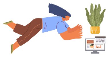 Bilgisayar ekranındaki dijital analizlere enerjik bir şekilde ulaşan biri. Takım çalışması, verimlilik, çevrimiçi iş, yaratıcılık, analitik, veri görselleştirme, hedef arayışı için idealdir. Basit düz