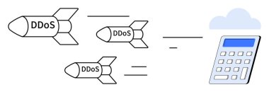DDoS etiketli füzeler, siber güvenlik tehditlerini sembolize eden bulut şeklinde bir sunucuya yaklaşıyor. IT güvenliği, ağ savunmasızlığı, çevrimiçi savunma, hackleme, teknolojik risk, veri koruması için ideal