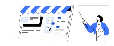 Laptop ekranında ürün kartları ve satış simgeleriyle çevrimiçi bir mağaza var. Eğitmen konsept diyagramına işaret ediyor. E-ticaret, eğitim, eğitim, pazarlama ve strateji için ideal