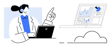 Kulaklıklı kadın dizüstü bilgisayarda çalışıyor, bulut bağlantılı veri tablolarına ve grafiklerine bakıyor. Müşteri hizmetleri, analitik, veri yönetimi, uzak çalışma, teknik destek, bulut hesaplama, dijital