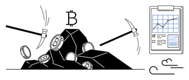 Kazmalar kayalardan kripto para, Bitcoin logosu, finansal büyüme grafiği. Engelleme zinciri, kripto para birimi, yatırım, madencilik, teknoloji veri analizi yenilikleri için ideal. Basit düz