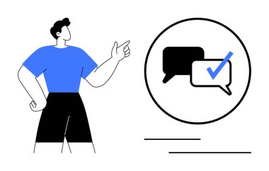 Konuşma baloncuklarını işaret eden ayakta duran biri, işaretli olan. İletişim, geri bildirim, takım çalışması, mesajlaşma, onay ve işbirliği için ideal. Basit düz metafor