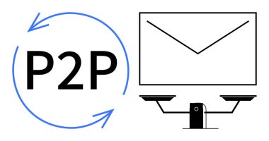 Pullardaki e-posta ekranının yanındaki oklarla birlikte P2P dairesi. İletişim, denge, ağ, teknoloji, eşler arası sistemler, e-posta, işbirliği için ideal. Basit düz metafor