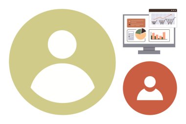 Profil avatarları yeşil ve kırmızı, bilgisayar monitörü analitik grafikler ve alışveriş arabası gösteriyor. Pazarlama, e-ticaret, analitik, iş büyümesi, takım çalışması, veri görselleştirme, çevrimiçi