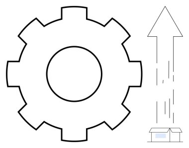 Yükselen ok ve evle eşleşen kalın dişli sembolü, gelişimi, verimliliği, büyümeyi, yeniliği, üretkenliği, teknolojik gelişimi ve yükselen hareketi gösteriyor. Basit bir düz metafor.