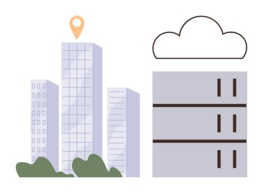 Gökdelenler, konum kodu, bulut ve bağlantı, veri depolama ve kentsel teknolojiyi gösteren sunucu yığını. Bulut hesaplama, bilişim altyapısı, veri paylaşımı kentsel gelişim için ideal
