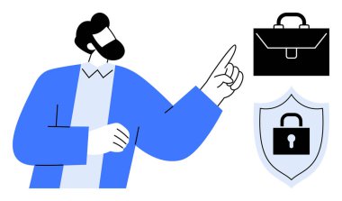 Çantasına ve kalkanına kilitlenmiş bir şahıs. İş, güvenlik, veri koruması, kurumsal strateji, finansal güvenlik, sunumlar ve yönetim için ideal. Basit düz