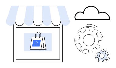Geri dönüşüm logosunun yanı sıra dönen vitesler ve bulut içeren çevre dostu alışveriş çantasıyla dolu bir depo önü. E-ticaret, sürdürülebilirlik, teknoloji, otomasyon, çevrimiçi perakende, lojistik için ideal