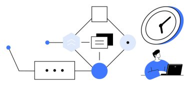Birbirine bağlı düğümler, belgeler, zamanlayıcı ve bir dizüstü bilgisayarla çalışan kişi ile çalışma akışı diyagramı. Üretkenlik, verimlilik, görev yönetimi, proje planlaması, zaman yönetimi koordinasyonu için ideal