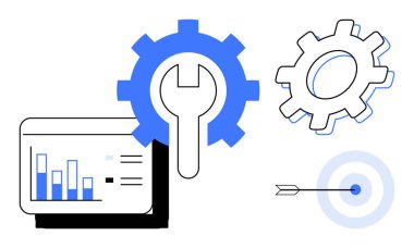 Analitik çizelge, ingiliz anahtarı ve hedef ikon, analitik, ayar, süreç iyileştirme, doğruluk, optimizasyon, iş stratejisi ve karar verme mekanizmasını temsil ediyor. Basit bir düz metafor.