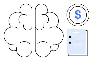 Finansal sembollü beyin çizimi ve istiflenmiş belgeler yaratıcılığı, entellektüel süreçleri, finans, iş planlamasını, problem çözmeyi, karar vermeyi, büyüme potansiyelini, basit bir daireyi temsil ediyor.