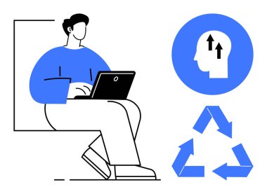 Sürdürülebilirlik kavramı. Geri dönüşüm ikonu ve düşünceli düşünce ile sürdürülebilirlik. Dizüstü bilgisayar ve dairesel ekonomi üzerinde çalışan biriyle sürdürülebilirlik. Çevre teknolojisi, yeşil iş ve eğitim için