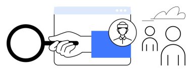 Kullanıcı simgesinin yanı sıra soyut figürler ve bulut içeren bir web penceresinin üzerine tutulan büyüteç. Analiz, araştırma, askere alma, veri araması, çevrimiçi profil, izleme, basit daire