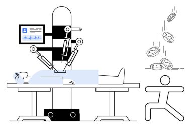 Robot kollar tıbbi ekipmanların yardımıyla bir hastaya ameliyat yaparken madeni paralar bir şeklin yakınına düşüyor. Sağlık, teknoloji, otomasyon, yenilik, maliyet analizi, ekonomi, fütüristik