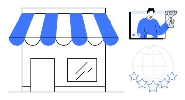 Küçük işletmeleri temsil eden çizgili tenteli mağaza binası, sanal ödül töreni, küresel ağ sembolü ve müşteri yıldız reytingleri. Girişimcilik, e-ticaret, pazarlama için ideal