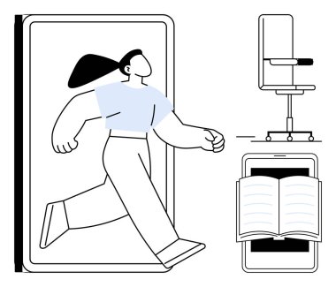 Değişimi simgeleyen dijital ekrandan çıkan dinamik kadın. Akıllı telefon, açık kitap ve ofis sandalyesini de içeriyor. Teknoloji, öğrenme, geçiş, dijital büyüme, eğitim iş hayatı için ideal