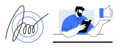 Dijital imza, pano tutan kişi ve baş parmak işareti çiziyor. Doğrulama, geri bildirim, anlaşma, yönetim, profesyonel onay uzaktan çalışma iletişimi için ideal. Temiz