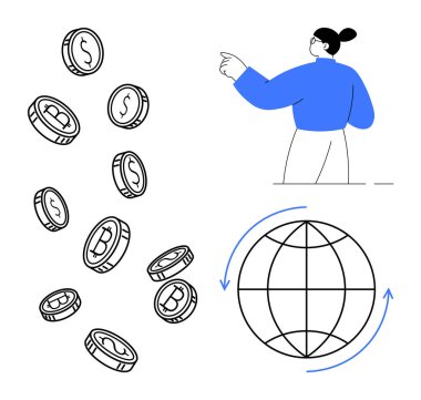 Dolar ve bitcoin işaretleriyle yüzen paralara doğru hareket eden bir kadın, yanında dönen bir dünya ikonu var. Küresel ticaret, kripto para birimi, fintech, ekonomi ve dijital işlemler için ideal