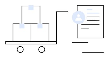 Trolley, lojistik ve müşteri hizmetlerini temsil eden kullanıcı profili verilerine bağlı karton kutularla dolu. Teslimat, tedarik zinciri, e-ticaret, envanter, işlemler, yönetim için ideal