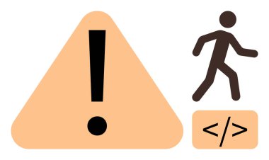 Yürüyen insan ve kod parantezlerinin yanında ünlem işareti olan büyük bir dikkat üçgeni. Uyarı, güvenlik, dijital geçiş, risk, web tasarımı, programlama, geliştirme için ideal. Basit düz