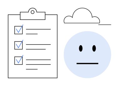 Kontrol işaretli pano, nötr yüz simgesi ve görev tamamlamayı, duyguları ve organizasyonu vurgulayan bulut çizelgesi. Üretkenlik, geri bildirim, ruh hali izleme, bulut hizmetleri için ideal