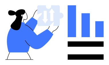 Çubuk grafiğinin yanında okları olan bir yapboz parçası tutan kadın. İş stratejisi, analitik, takım çalışması, hedef belirleme, problem çözme, veri görselleştirme ve yenilik için idealdir. Basit düz metafor