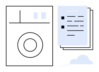 Çamaşır makinesi ve istiflenmiş belgeler görevlerin verimli bir şekilde yönetildiğini gösteriyor. Ev organizasyonu, görev otomasyonu, bulut depolama, kağıtsız iş akışı, veri güvenliği, üretkenlik, basit daire