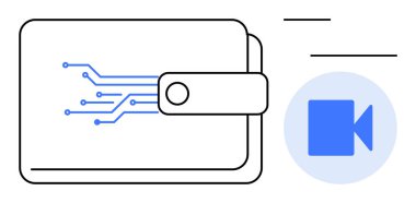 Dijital devre desenli cüzdan ve video kamera ikonu fintech, güvenli ödemeler, teknoloji ve yeniliği sembolize ediyor. Finans, e-ticaret, güvenlik ve engel zinciri için ideal