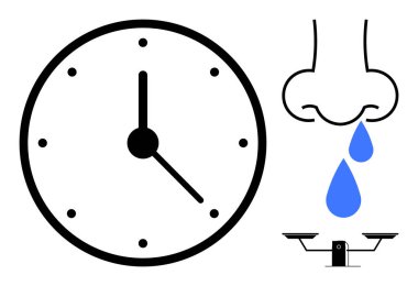 Saat yüzlü, mavi damlacıklı burun ve denge ölçeği zamanı, duyguları ve karar verme mekanizmasını temsil ediyor. Psikoloji, stres, sağlık dengesi zaman yönetimi için idealdir. Basit düz